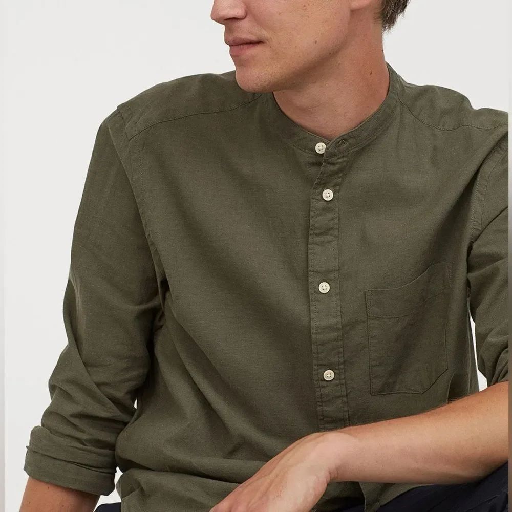 H&M Grandad Linen Button-Front Long Sleeve Shirt in Olive Army Green